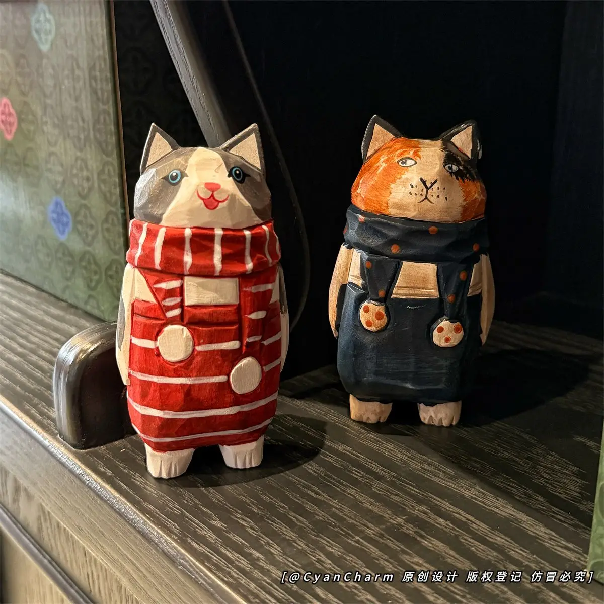 

Vintage Hand-Carved Wood Cat Statue - Rustic Folk Art Kitten Sculpture for Shelf Desk,Whimsical Figurine, Unique Home Decor Gift