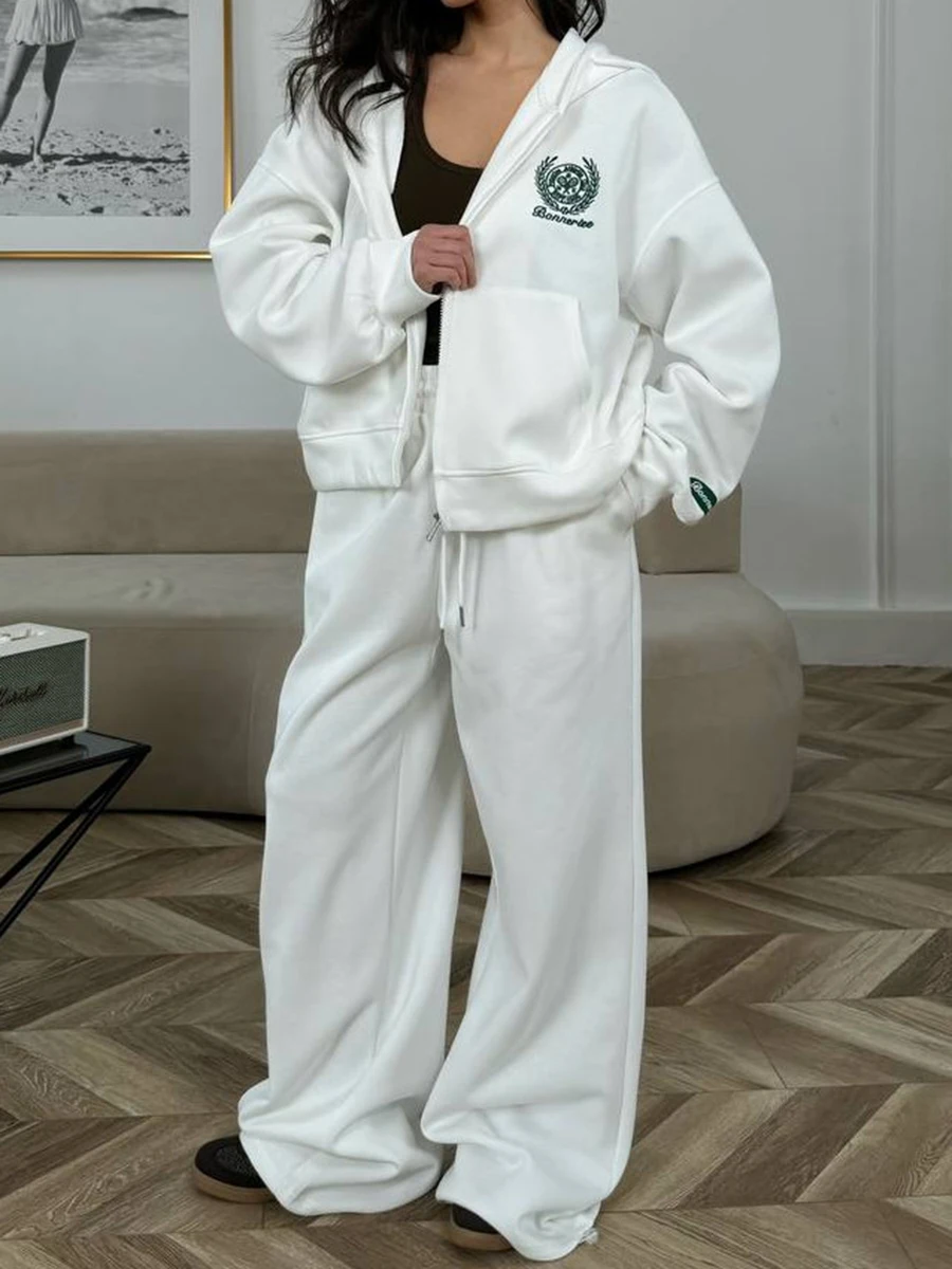 

Letter Embroidery Sweatpants 2 Piece Set Women Loose Long Sleeve Zipper Hooded Sweatshirt Autumn Vintage Casual Sport Pants Sets