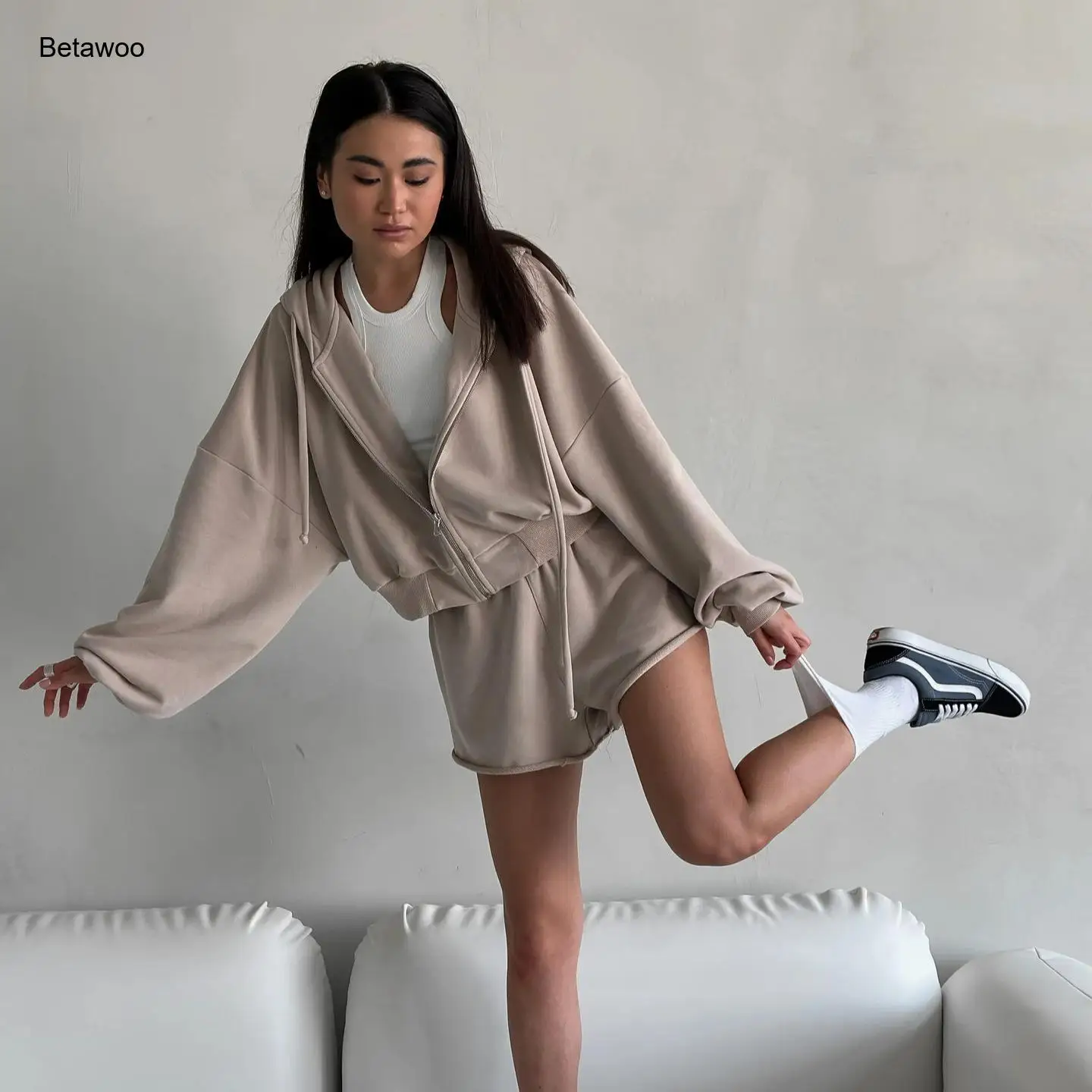 

Light Khaki Casual Tracksuit Set Zip Up Hoodie and Shorts Two Piece Loungewear