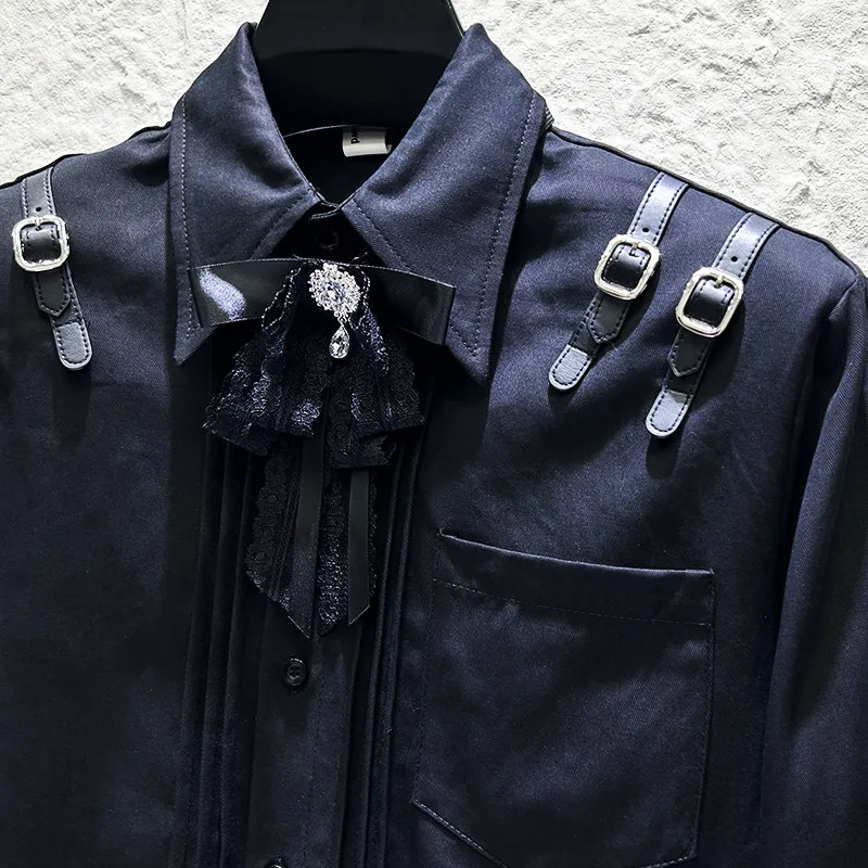 2026 Romantic Lace Bow Collar Shirt Men Heavy-duty Shoulder Strap Long Sleeved Shirts Gothic Social Stage Performance Costumes