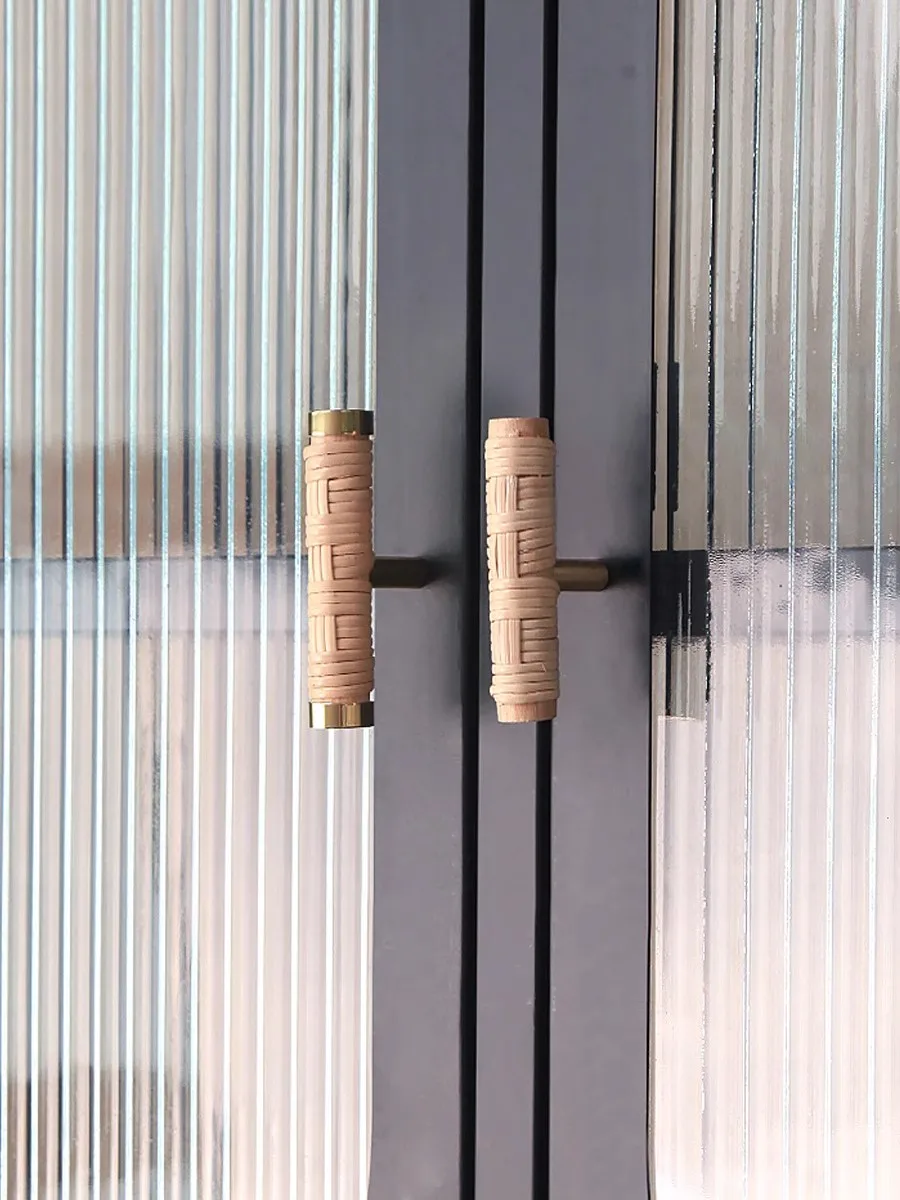 Rattan weaving Creative T shape Cabinet Handles Brass Modern Wardrobe Pulls Wooden Drawer Cupboard Door Knobs Furniture Hardware