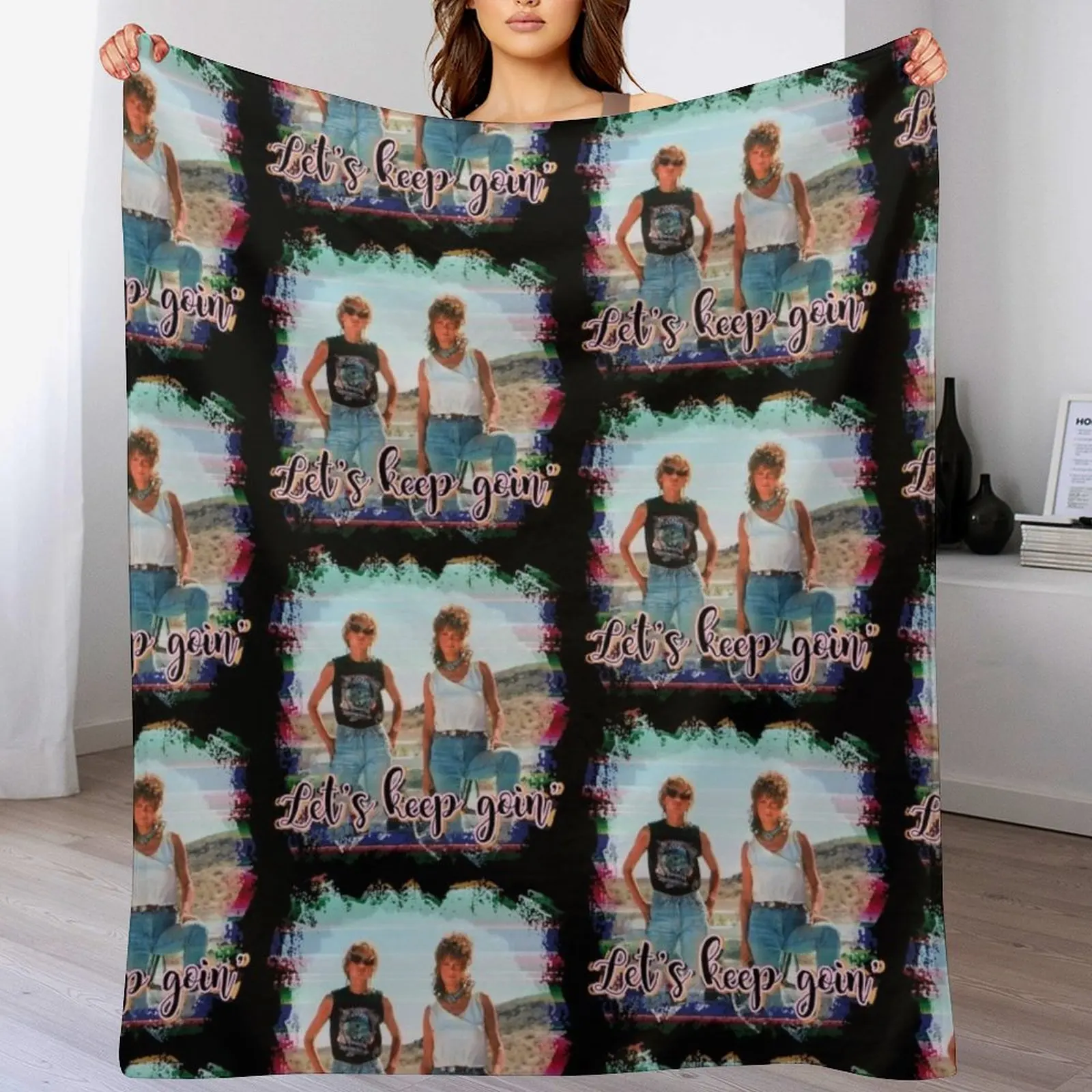 

Cute funny Thelma Louise country friends lets keep goin boots thunderbird movie Throw Blanket Picnic blanket washable