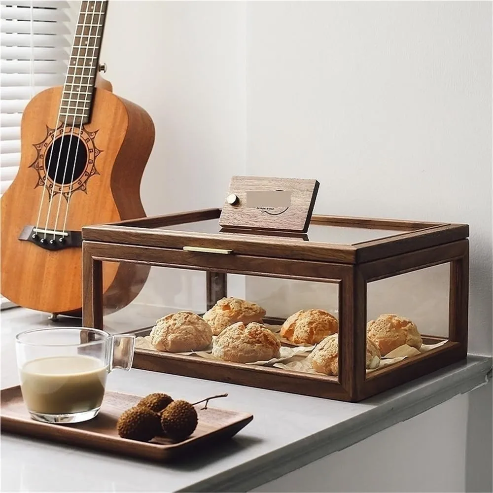 Vintage Wooden Bread Box for Kitchen Countertop Pastry Display Case Clear Glass Keepsake Box for Homemade Cookie