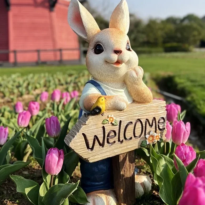 Cute Rabbit Wayfinding Sign Resin Painted Animal Ornaments Garden Lawn Miniature Items Kindergarten Standing Style Welcome Sign