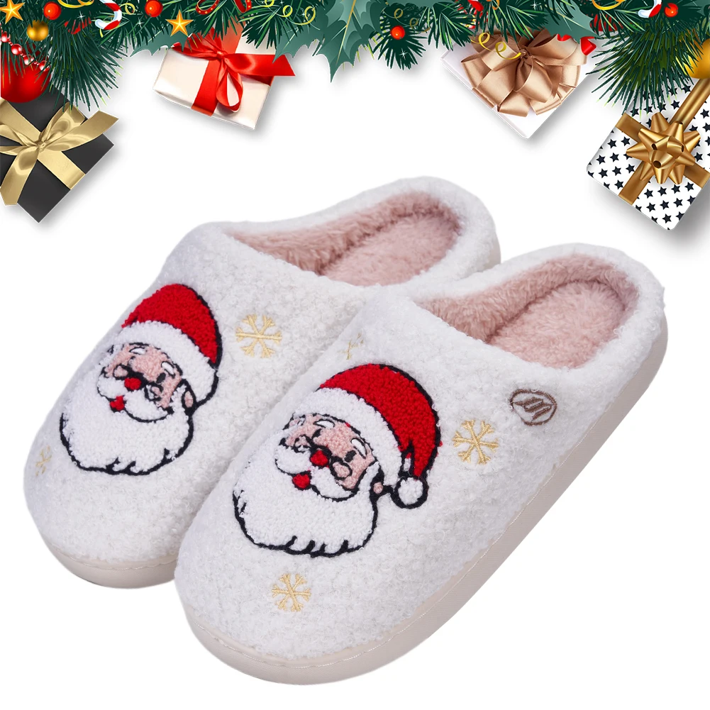 

Christmas Santa Claus Warm Slip-on House Shoes Comfortable Fuzzy Closed Toe Slippers Non-Slip Soft Furry Slippers for Winter