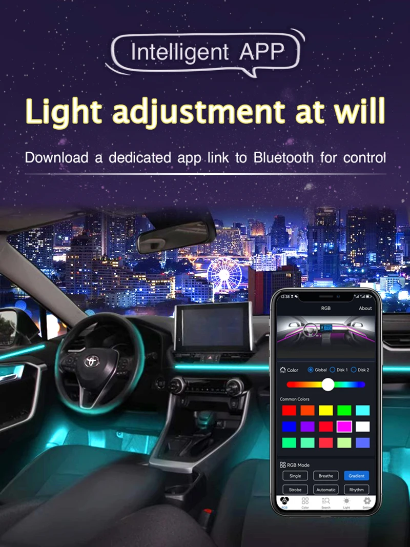 

18 in 1 Easy to install Car Ambient Decorative Light RGB 64 Color Interior Decoration Acrylic Strip Light App Bluetooth Control