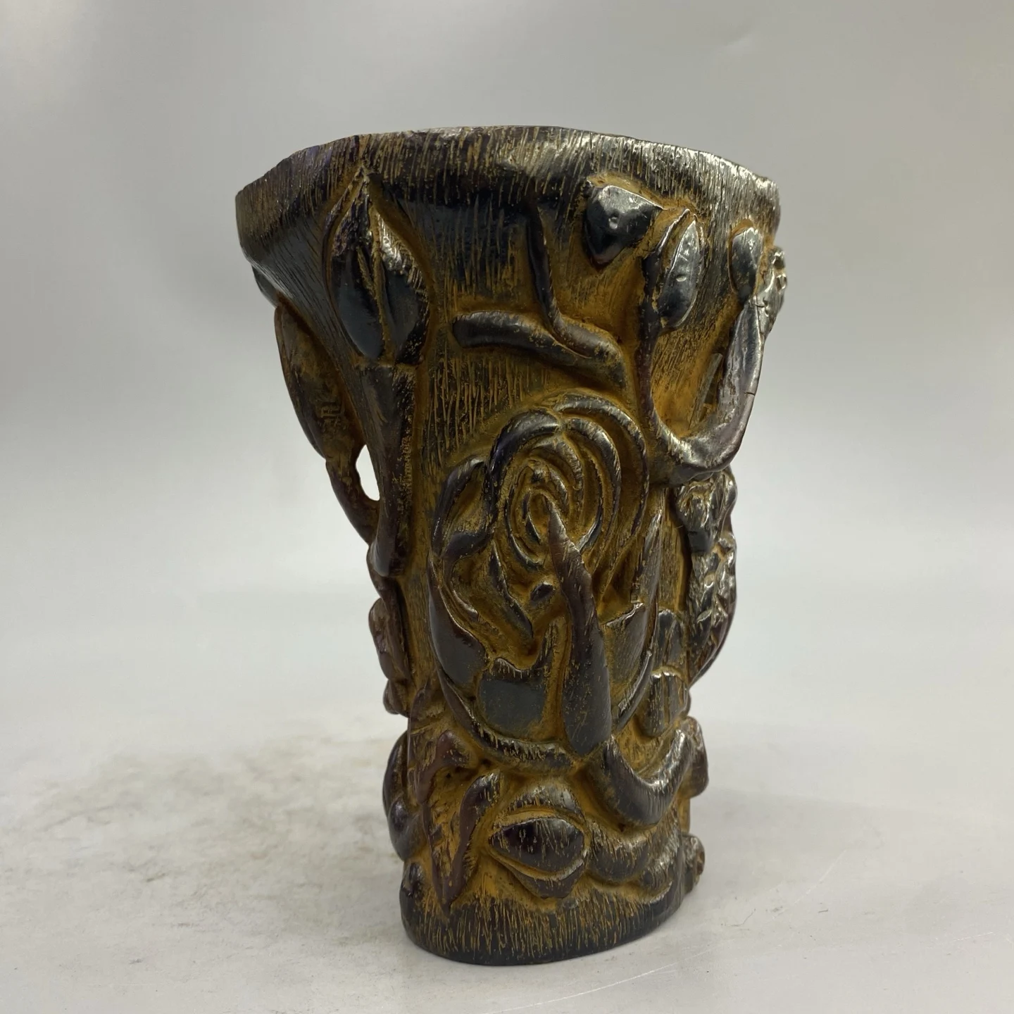 vintage collectible, decorative ornament, Ox horn cup with fine hand carvings