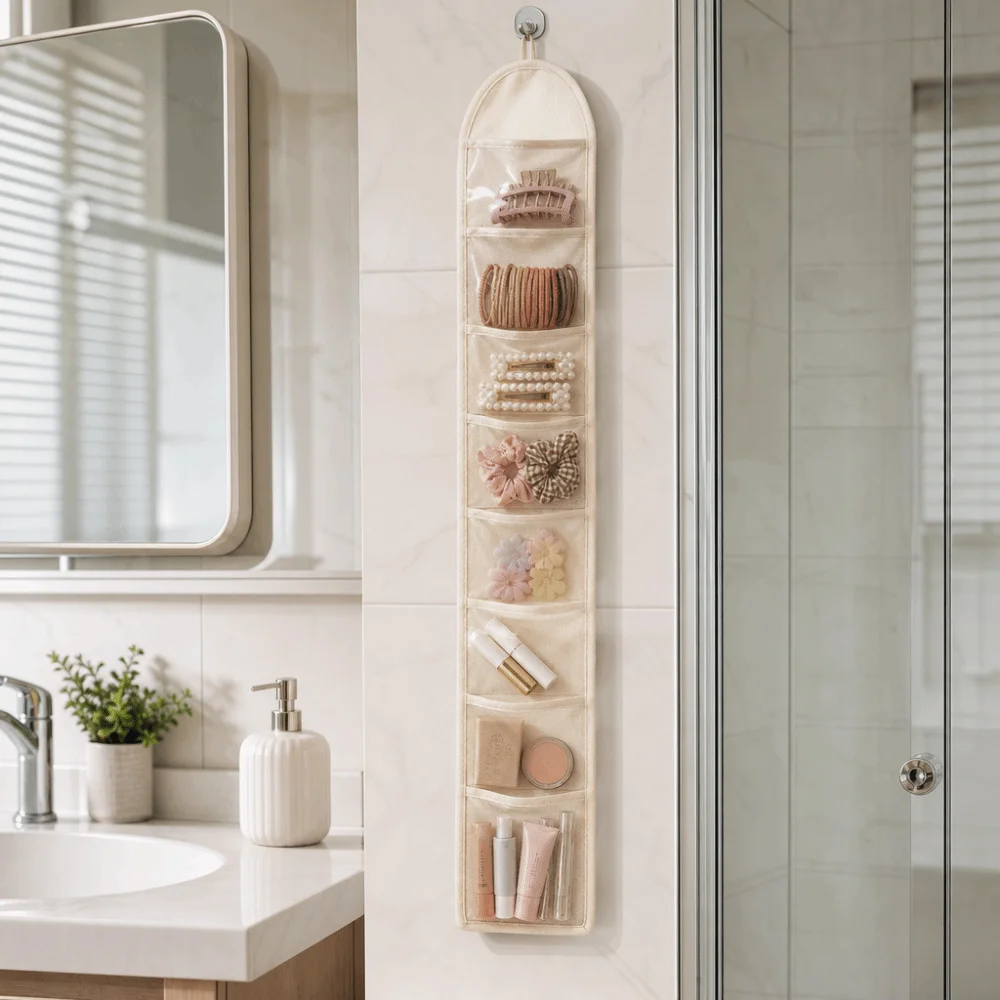 Space Saving Behind Door Hanging Bag Wall-mounted Multi-Pocket Underwear Storage Bag 7 Grid Mesh Hair Accessory Bag Bedroom