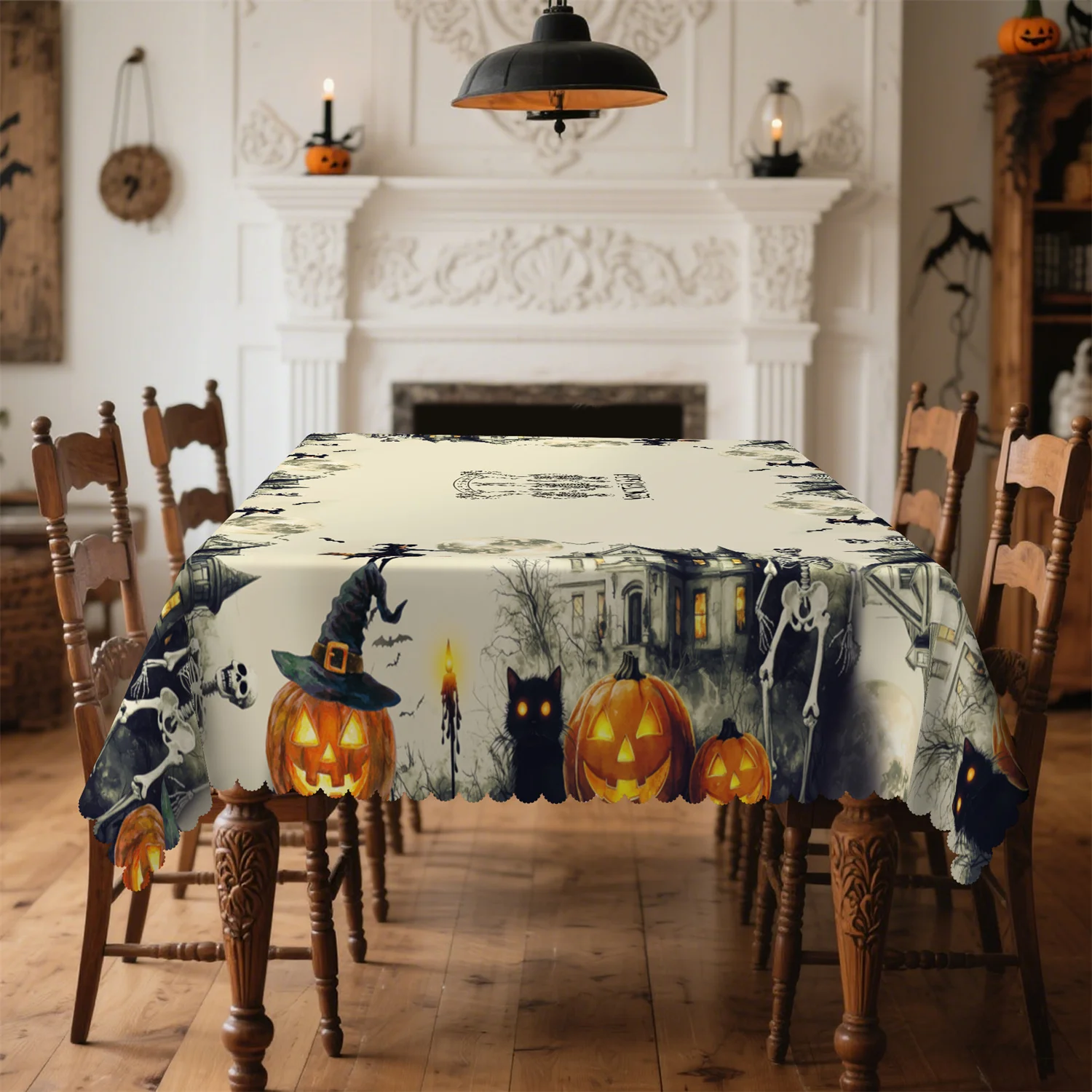 Halloween pumpkin lantern, witch hat, black cat, castle tablecloth, suitable for partieszyc
