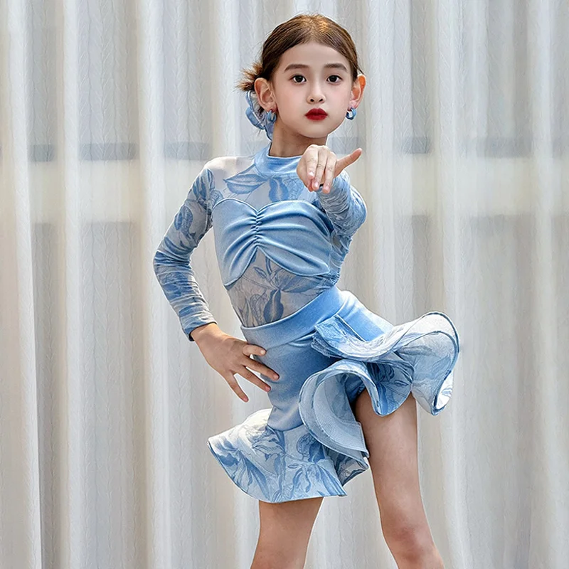 Nuovo vestito da ballo latino vestito da prestazione per ragazze Cha Cha Rumba abbigliamento manica lunga vestito da ballo blu tuta per bambini gonna set VDL4331