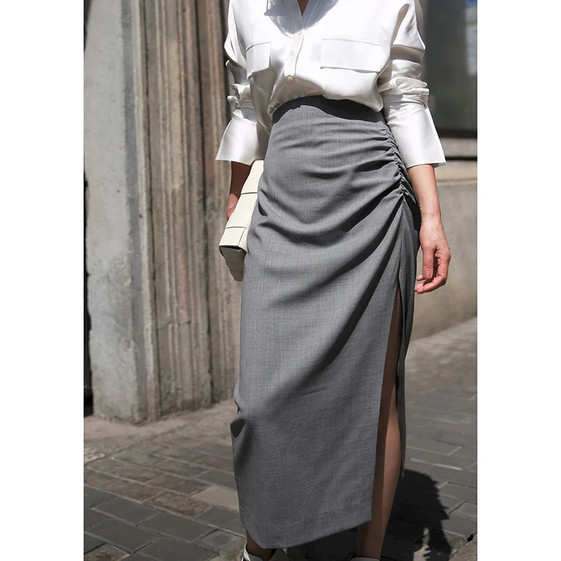 

FANNIU Spring Summer Sexy Ele ey High Waist Side Pleated Split Bodycon Skirt Street Sle Midi Skirt Wool Blend