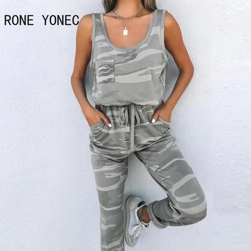 Women Chic Tank Camouflage Pattern Pocket Crop Top Lace Up Casual Pants Sets