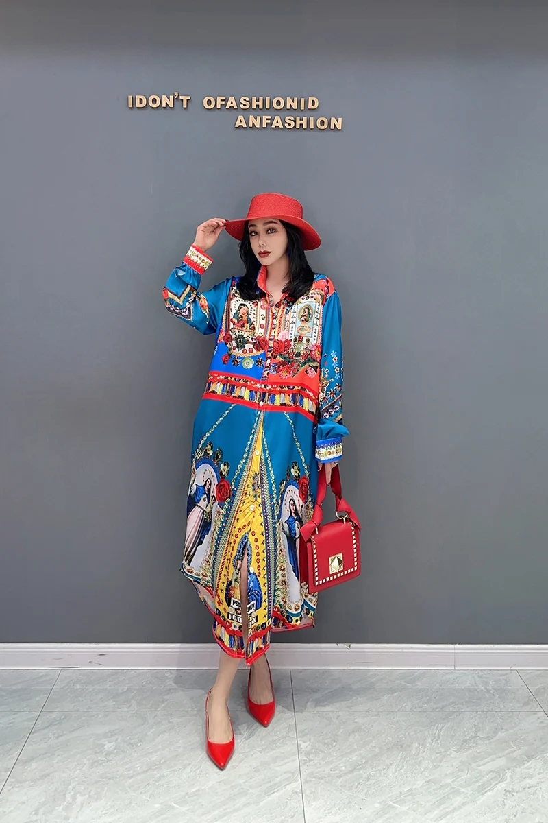 2024 Autumn New Elegant Printed POLO Collar Loose Shirts Long Dress Women Fashion Long Sleeve Dress Wholesale J563