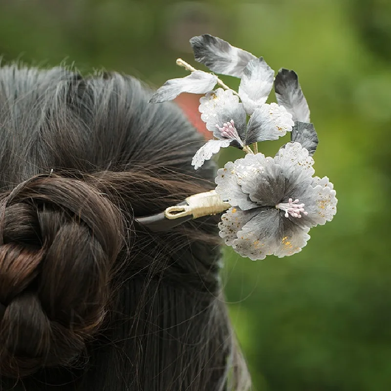 Gray Velvet Flower Hairpin Intangible Heritage Flower Hair Clasp Chinese Sandawood Hair Stick Exquisite Han Costume Hair Jewelry