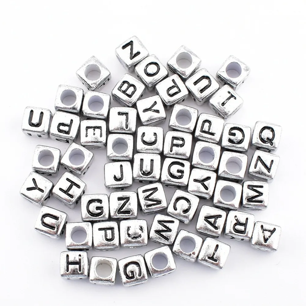 50pcs/lot 6*6*3mm DIY Acrylic letter beads Square silver background black letter bead for jewelry making