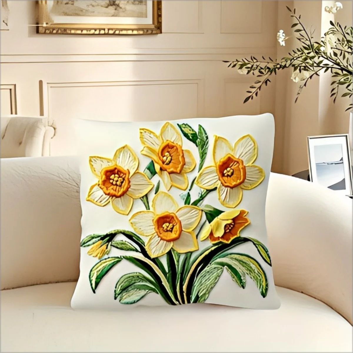 2D Daffodil Flower Throw Pillow Cover Vintage Yellow Narcissus Floral Decorative Cushion Case Boho  Home Decor