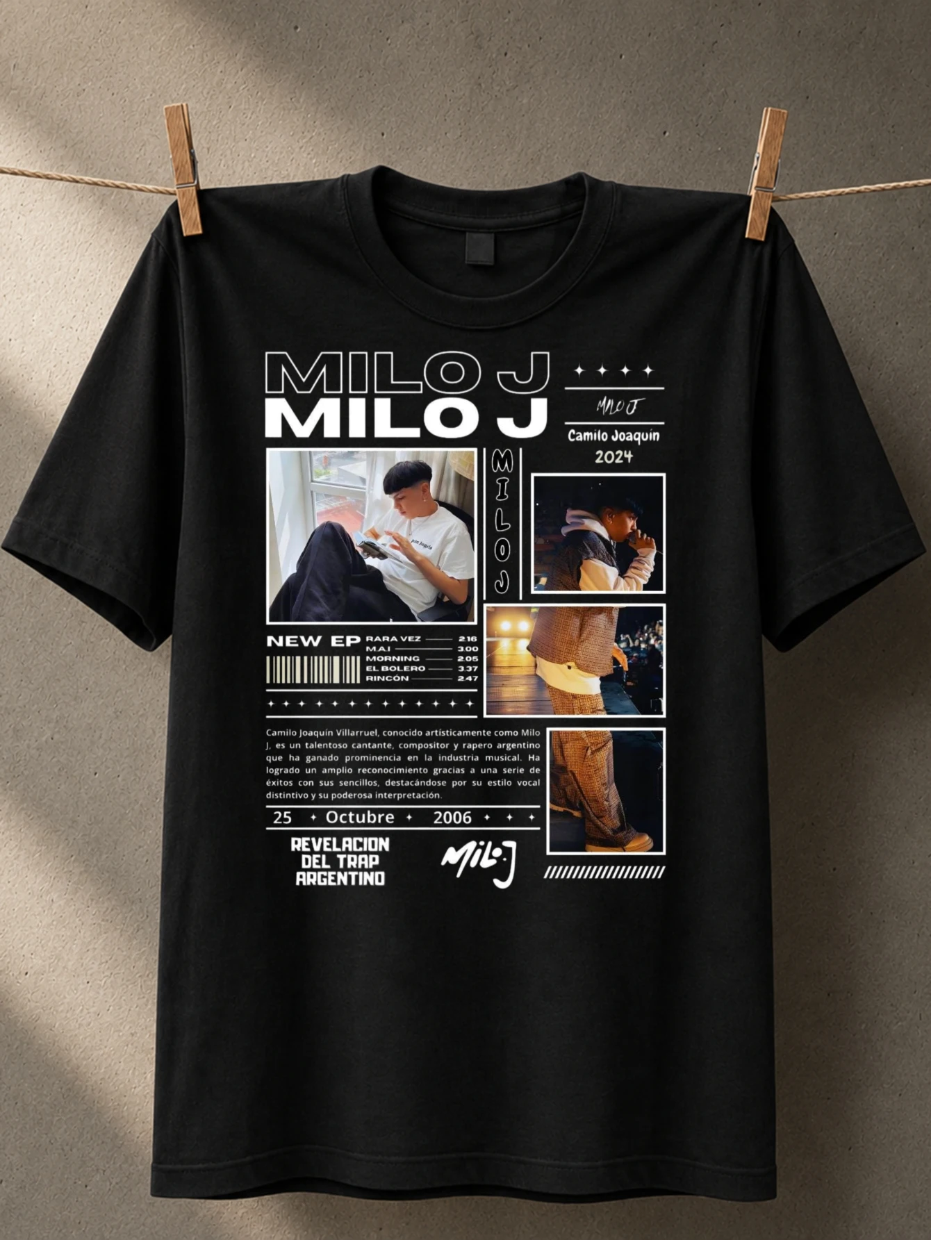 Milo J 2024  and  magazine collage with New EP text photo panels dates and artist signature Unisex  Unisex All T-Shirt