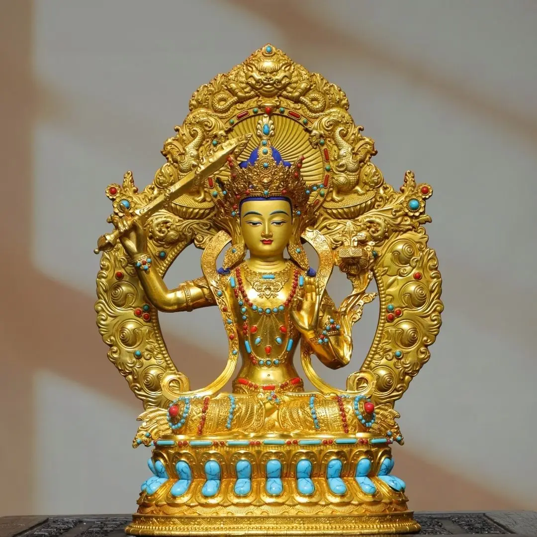 Tibetan Manjushri Bodhisattva Statue Gilt Copper Inlaid Gemstone Buddha Sculpture Buddhist Altar Worship Home Decor