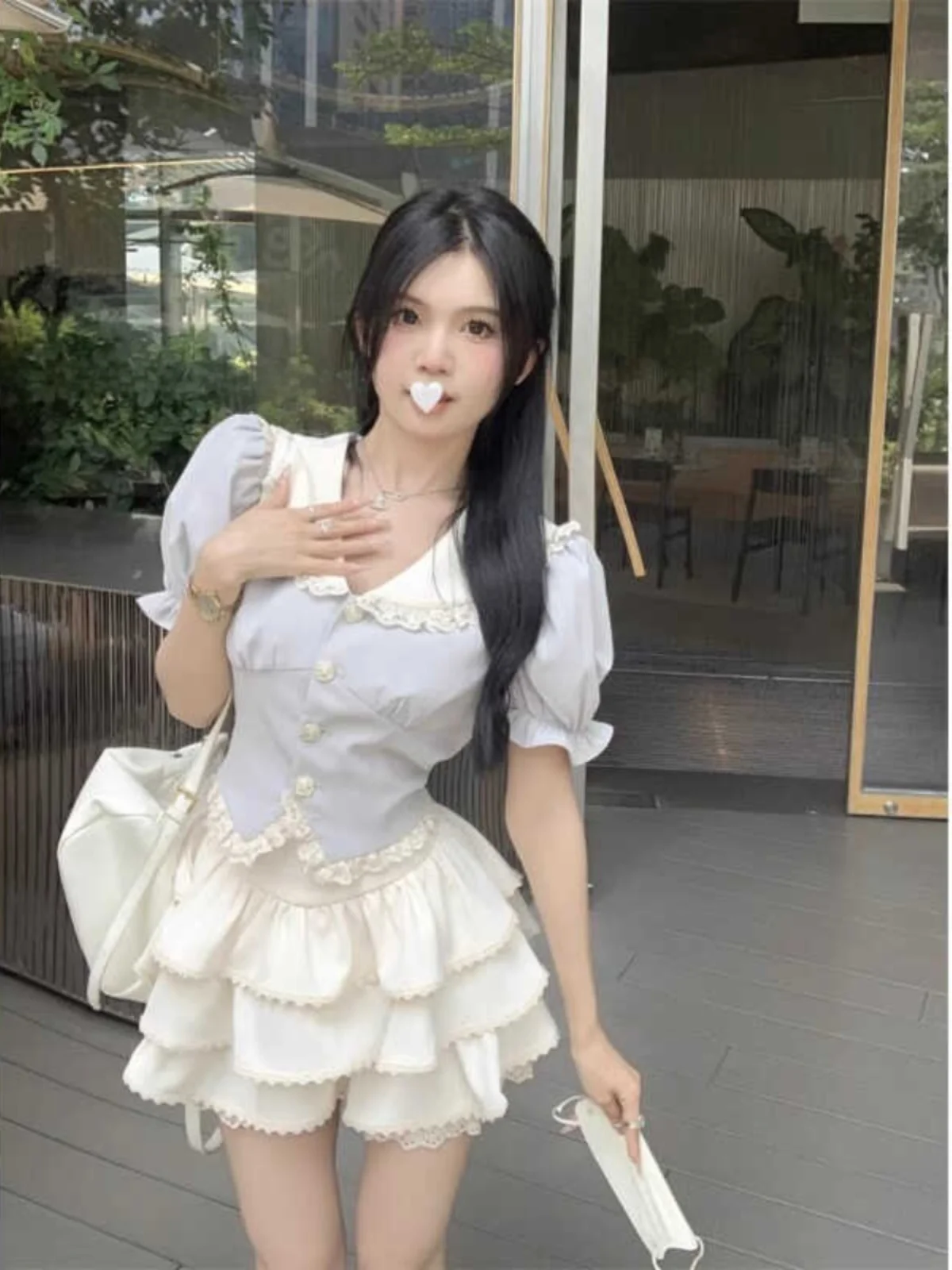 

Sweet And Spicy Cake Skirt Set Summer Navy Collar Bubble Sve irt Dr Tea Tone Matching Whole Set ort Sve Flip Collar