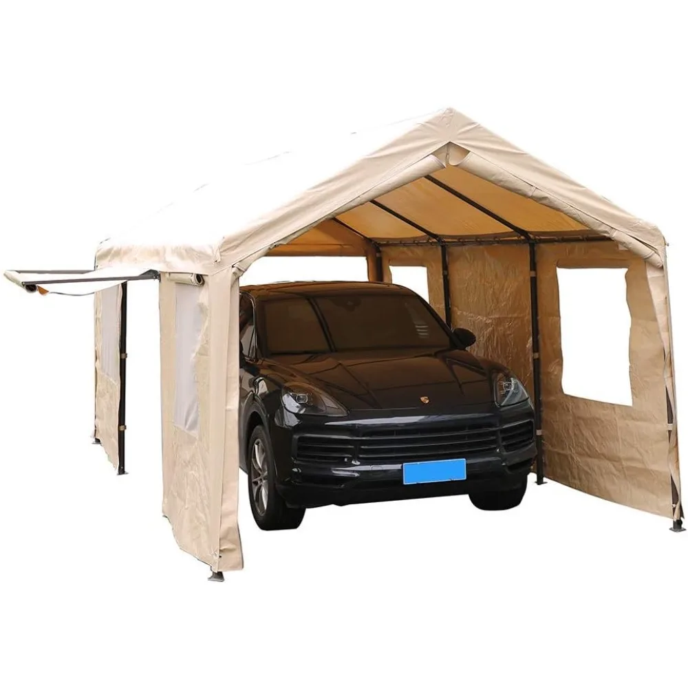 Carport 10 x 20 ft Heavy Duty Canopy Garage Car Shelter with Windows and Sidewalls, Beige