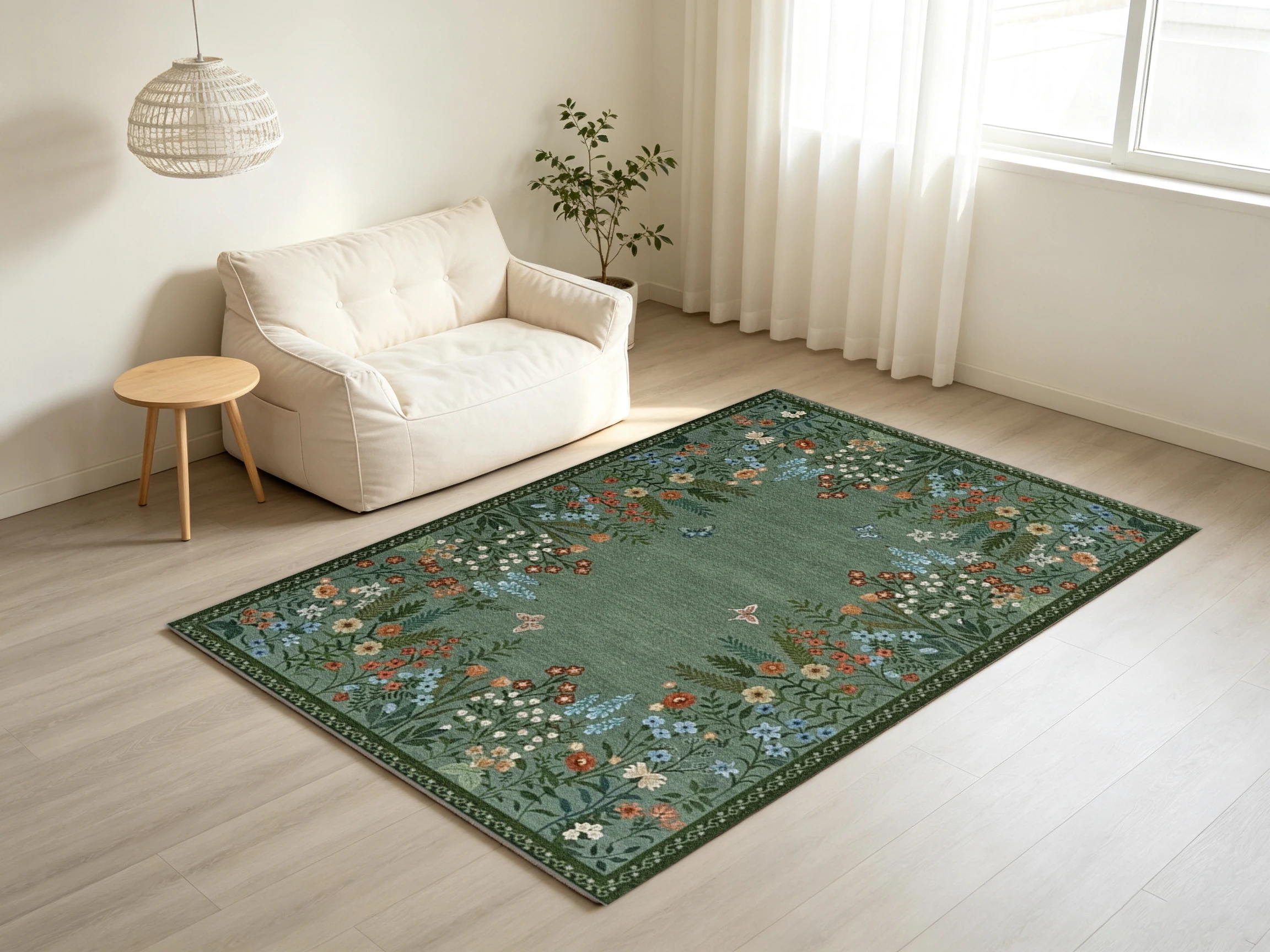Green Botanical Square Carpet Flooring Wildflower Butterfly Floral Pattern Rug for Home Living Room Decor