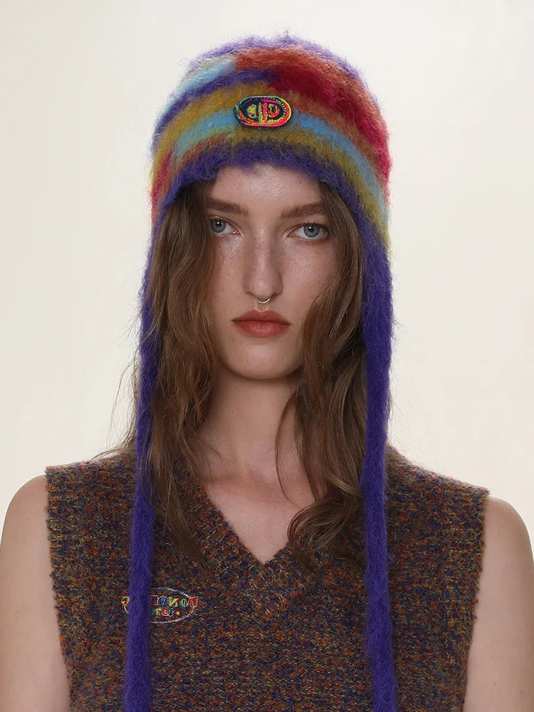 Mixed Color Retro Wool Hat Rainbow Stripes Bomber Hats Women Winter Autunm Warm Knitted Cap Soft Caps Hip Hop Cute Girl