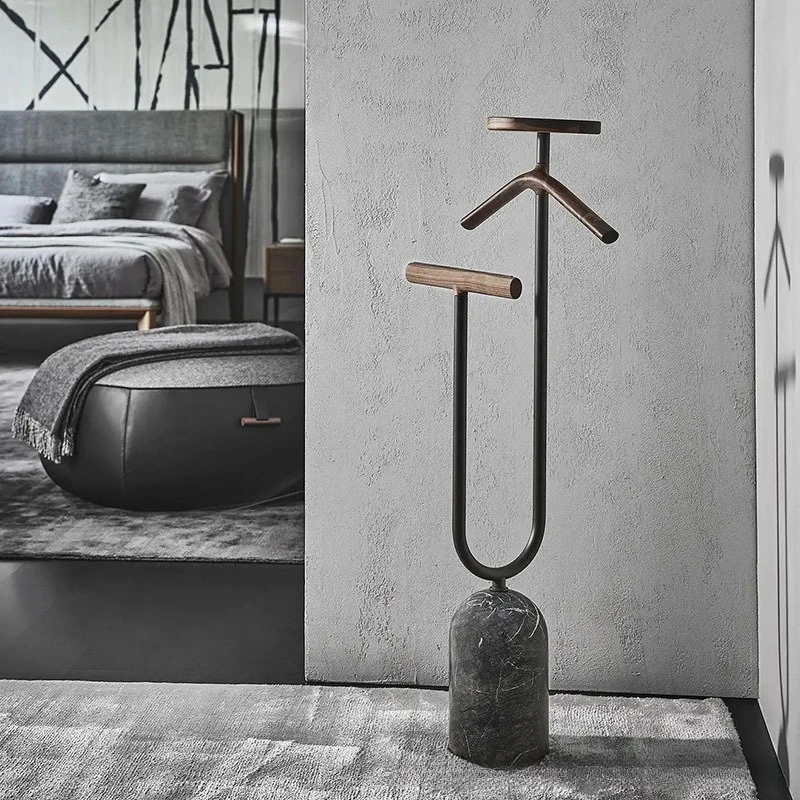 Light luxury minimalist marble base with movable coat rack, walnut clothes hanger