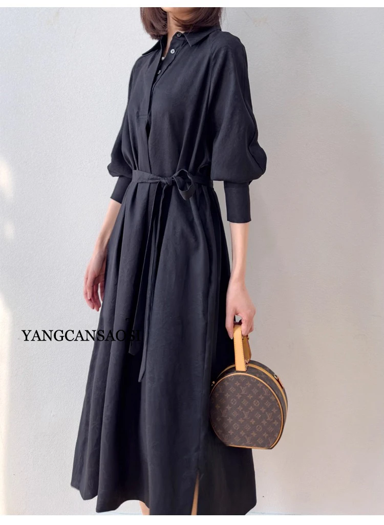 Extended 40MM Heavyweight 100% Natural Mulberry Silk Fragrant Cloud Yarn POLO Collar Lantern Sleeves Women's Shirt Style Dress