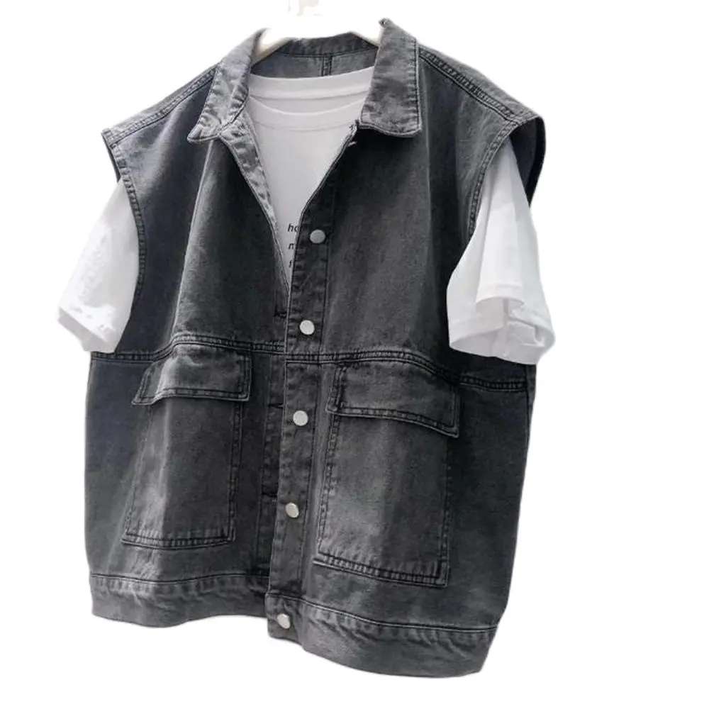 

Women Denim Vest Jacket Outerwear SlimShort Waistcoat Casual Tops Sleeveless Big Pocket Female Summer All-Match Splicing Coats