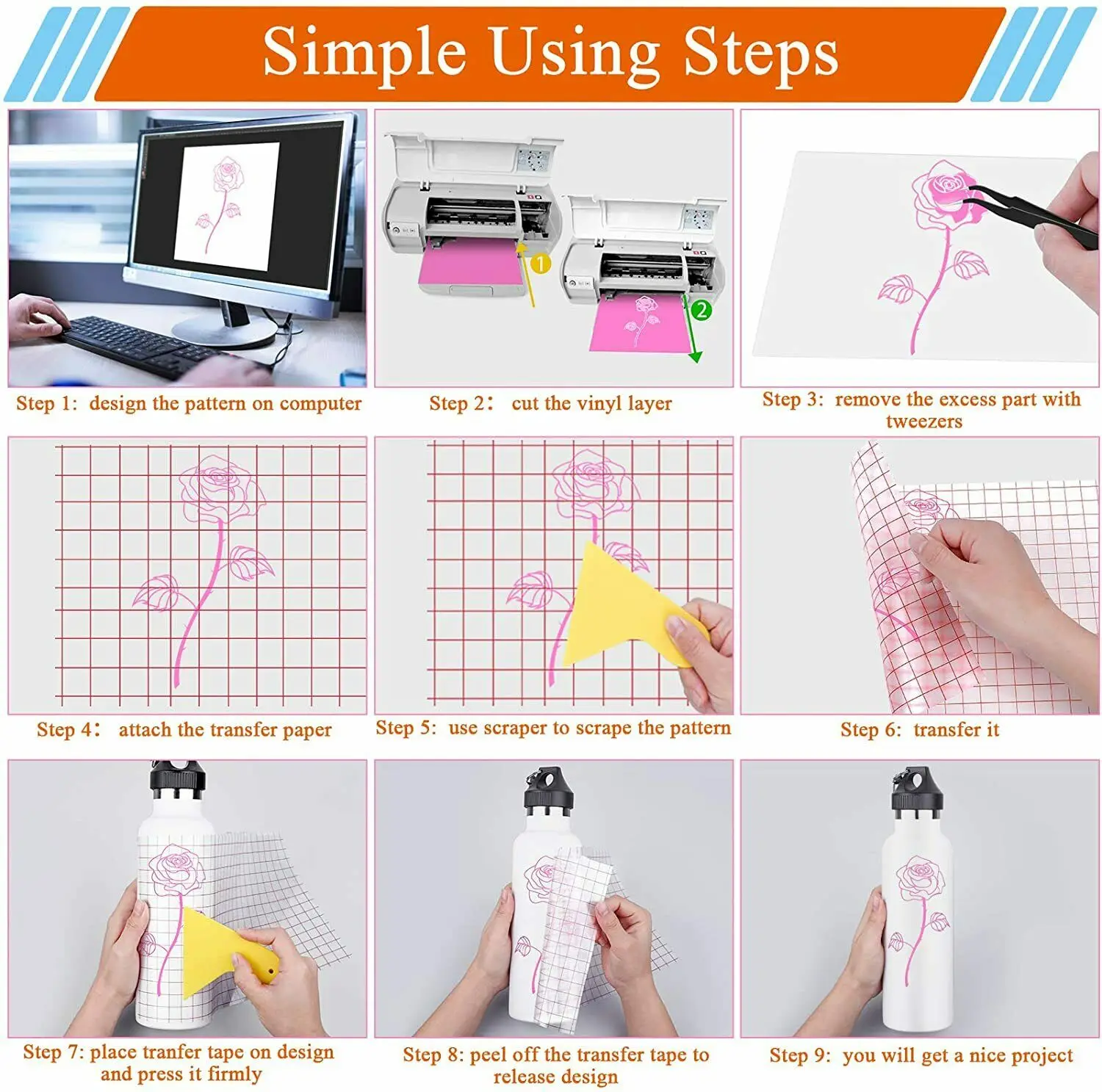 HTVRONT 80pcs 멀티 컬러 12X12inch 영구 자체 접착 비닐 시트 + 공예 DIY 유리 컵 장식을위한 전송 테이프