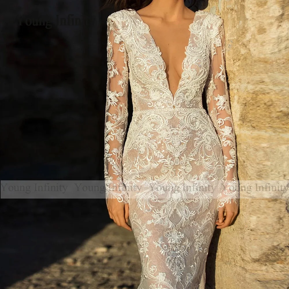 Luxury Mermaid Lace Wedding Dress 2024 Long Sleeves Bridal Gown Deep V Neck Sweep Train Keyhole Back Woman Formal Party Wear