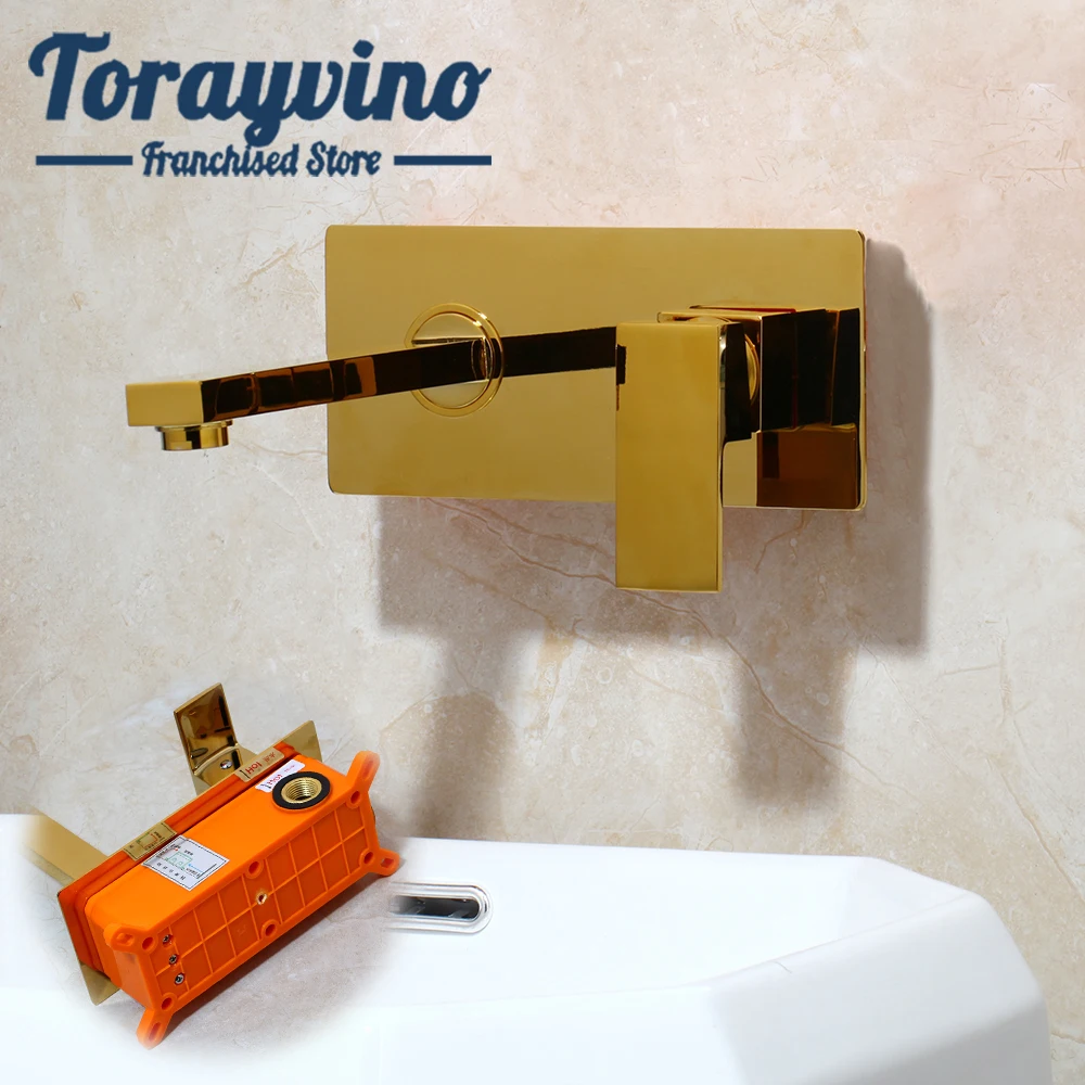 

Torayvino Gold Bathroom Sink Faucet Bathtub Mixer bateria wanna Brass Waterfall Tap Faucets Wall Mounted Mixer Sprayer Spout