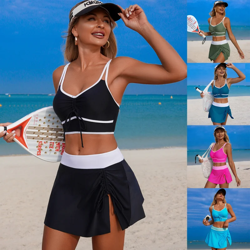 

Color Block Two Piece Women Sport Swimsuit With Skort Lace Up Bathing Suit Knotted Swimwear Spaghetti Strap Beach Wear