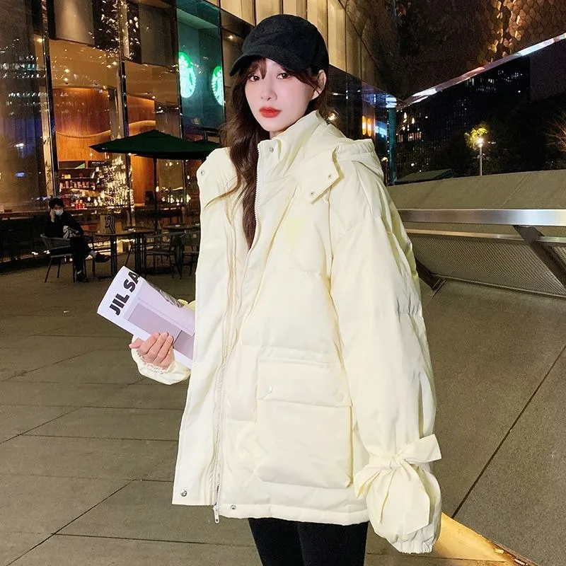 2023 New Women Down Cotton Coat Winter Jacket Female Short Bow Parkas Loose Thick Outwear Hooded Versatile Simplicity Overcoat