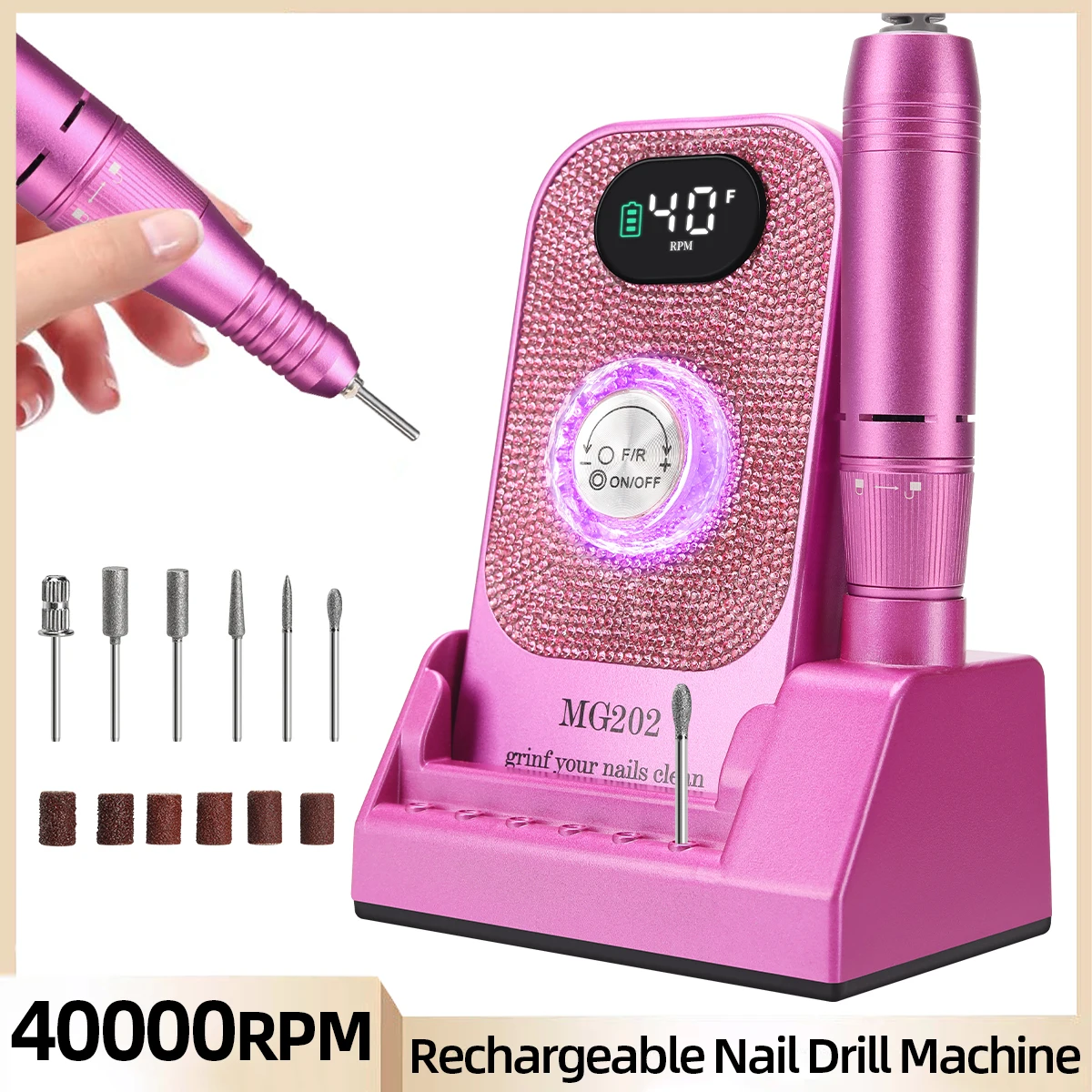 

40000RPM Nail Drill Machine Electric Portable Nail File Rechargeable Nail Sander With Base for Gel Nails Polishing Home Manicure