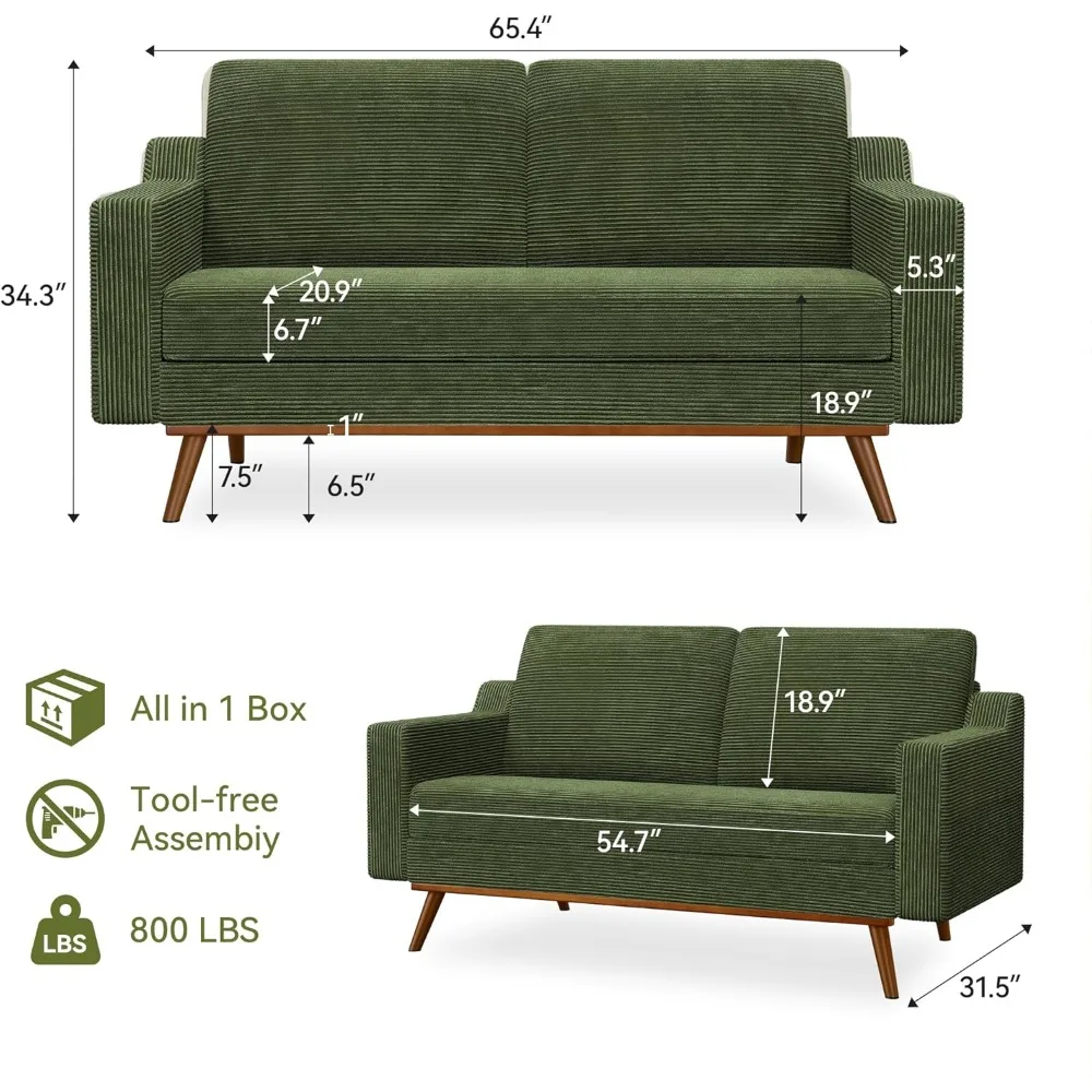 أريكة بمقعدين من سروال قصير أخضر حديث لمنتصف القرن لغرفة المعيشة وغرفة النوم