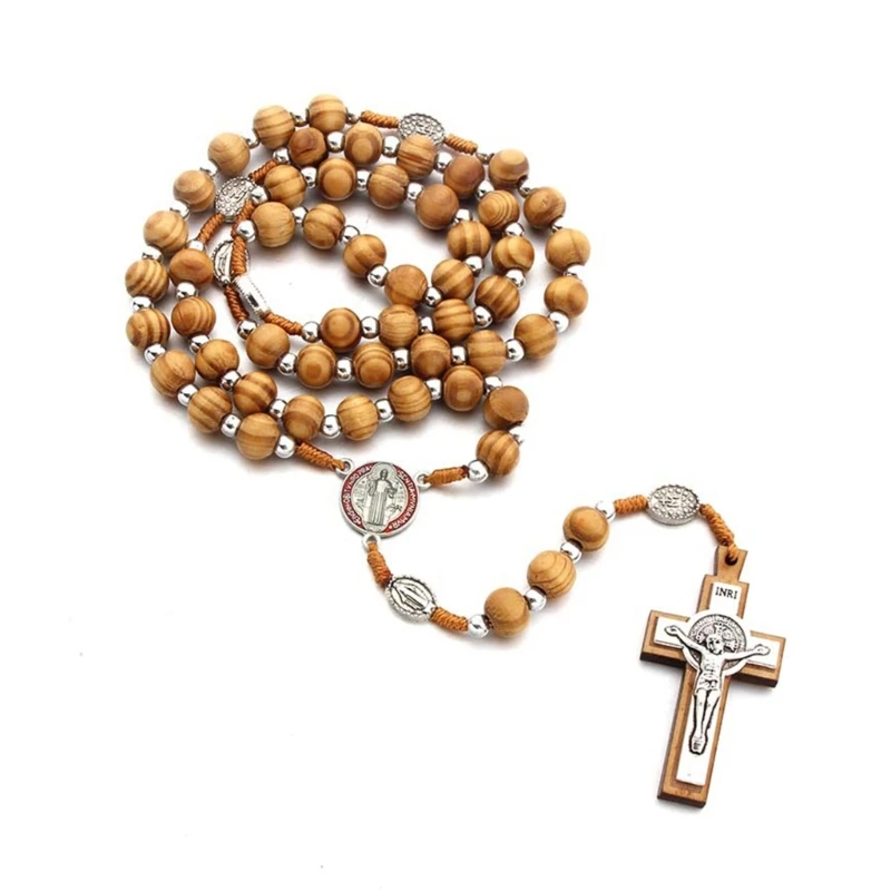10mm Wooden Beads Catholic Rosary Necklace Christian Religious Jesus Pendant Praying Jewelry for Men Women Gift B03E