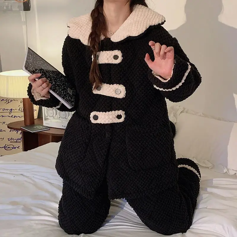 

Женские пижамы из кораллового флиса, зимние милые черные пижамы, утепленная хлопковая пижама на три этажа, студенческая теплая домашняя одежда
