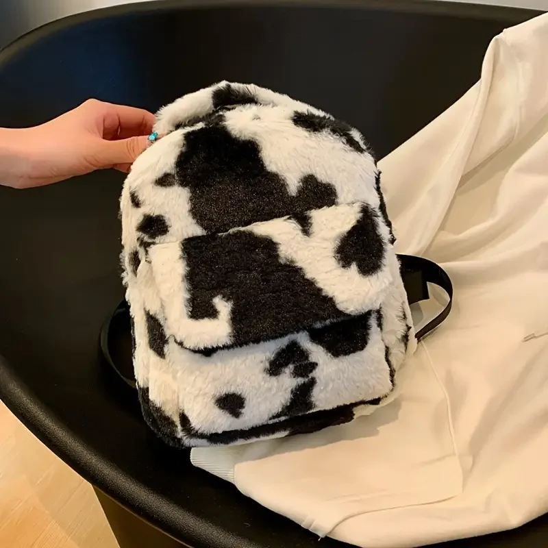 

Fluffy Cozy Cow Print Women's Small Backpack and Fuzzy Shoulder Hand Purse - Ideal for Work and School with a Comfortable Design
