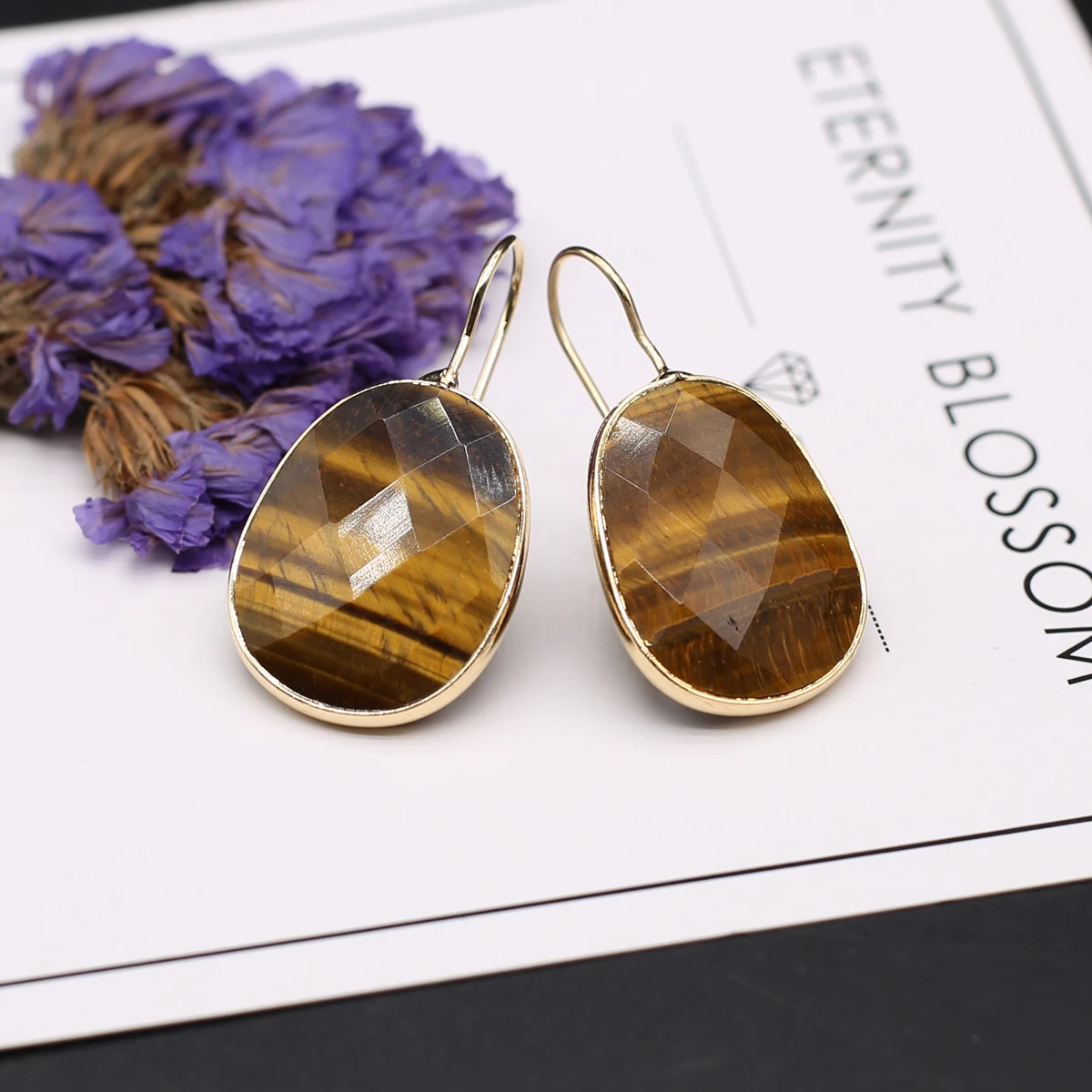 Natural Stone Oval Stud Earrings Amethyst Tiger Eye Crystal Simple Earrings Handmade Earrings Women's Earrings