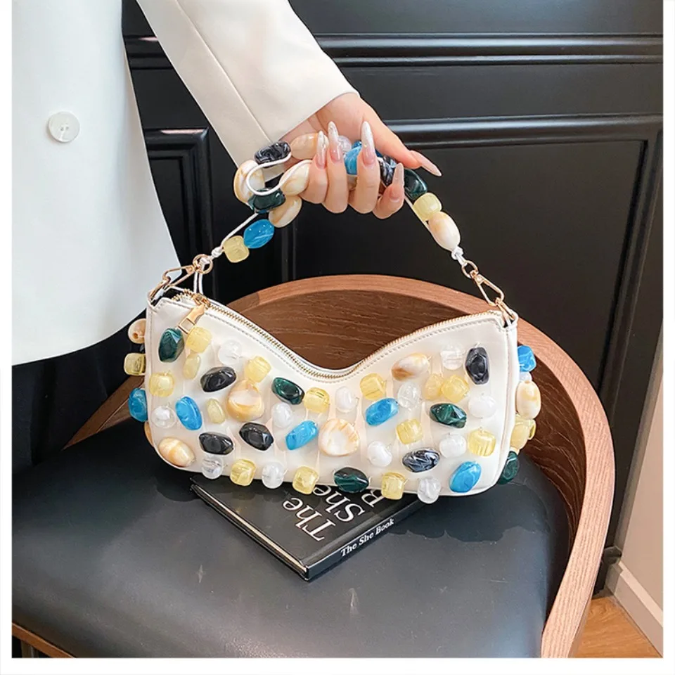 

Роскошная вечерняя сумка-клатч с разноцветными камнями, модная сумка через плечо в форме полумесяца, сумка-тоут с цепочкой, женская сумка во французском стиле, сумка-багет.
