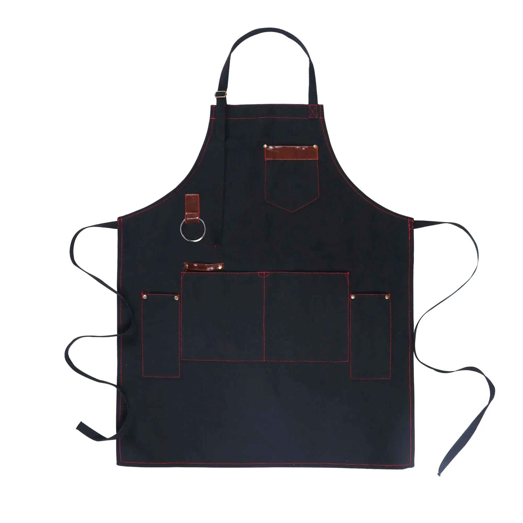 Thickened Chef Canvas Apron With Multiple Pockets Leather Splicing Work Clothes Home Kitchen Barbecue Anti Fouling Apron