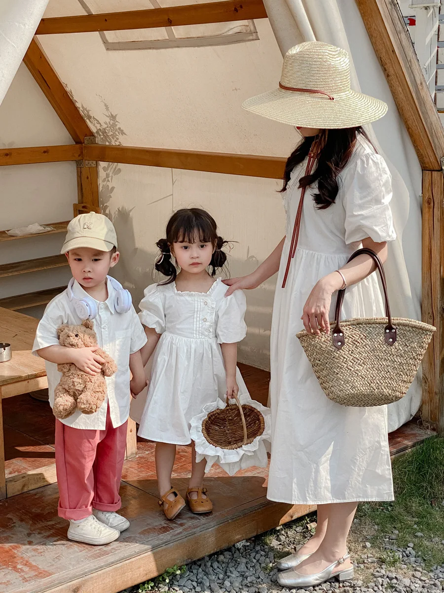 Family Matching Clothes Summer Shirt Solid Mother Daughter Short Sleeve Soft Cotton Dress Women Dress Girl Dress Boy Shirt