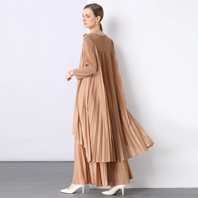 Set Lengan Panjang Manik-manik Bunga 3D Kain Berlipat Wanita 2025. Celana Berlipat Kaki Lebar Pelangsing Pinggang Tinggi, Atasan Kerut Panjang Sedang