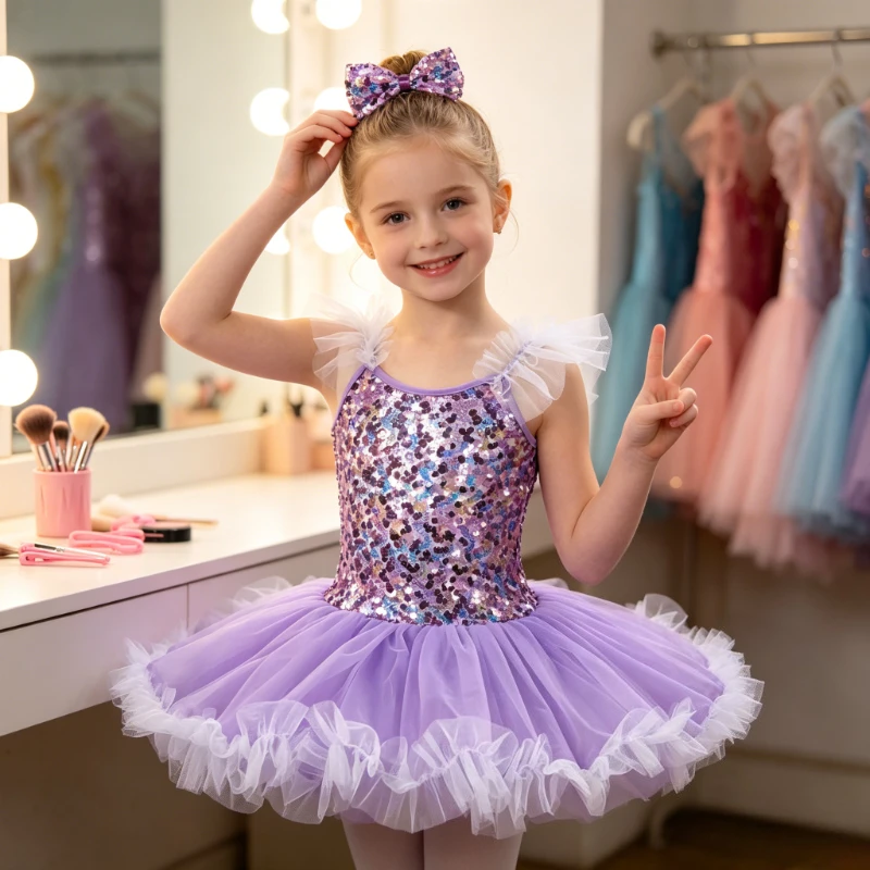 Sparkly Purple Sequin Tutu Dress with Bow Headband for Halloween Christmas Birthday Party,Princess Cosplay Costume for 3-10Y