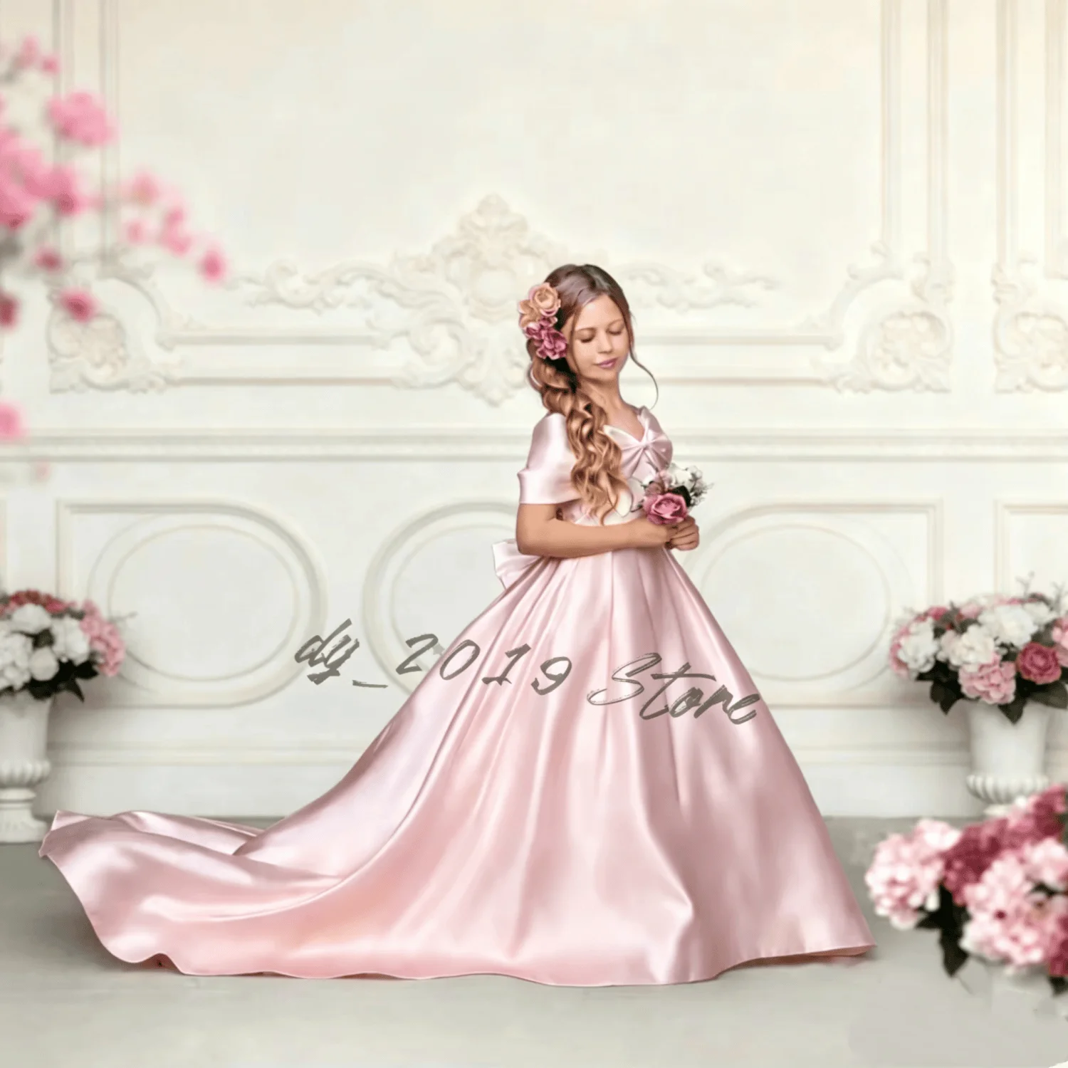 Luxury White Satin Flower Girl Dress Off Shoulder Princess Dress with Oversized Back Bow & Train for Communion & Wedding