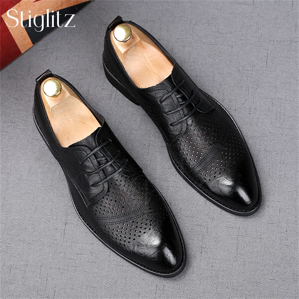 Black Matte Leather Shoes for Men Lace-Up Business Formal Shoes Hollow Summer Leather Shoes Breathable Dance Shoes Lace-Up Shoes