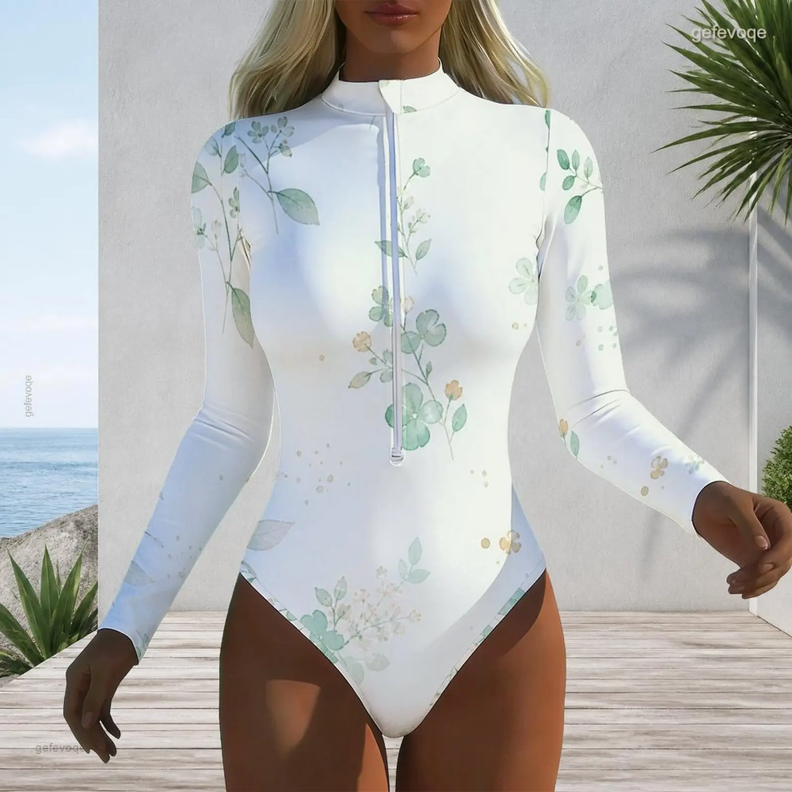 Women High Neck Front Zip Long Sleeve One Piece Printed Swimsuit