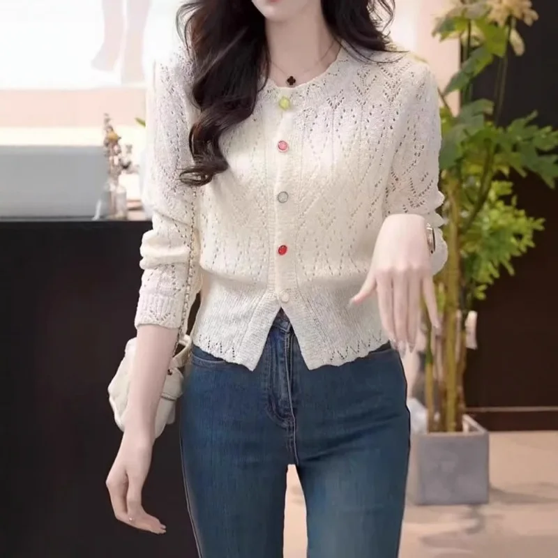 2026 Hot Selling New Thin Cut Hollowed Out Round Neck Color Single Breasted Versatile Top for Women