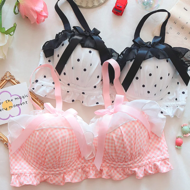 Japanese School Girl Underwear Bra Set Women Sweet Intimate Cute Bowknot Pink Plaid Bras Lingerie Push Up Bra and Panty Set 2023